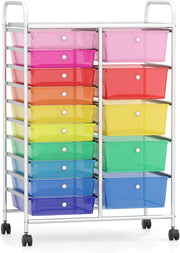 Carrello con cassetti impilabili 10/15, carrello da bagno con ruote universali bloccabili, carrello per cassetti per casa e ufficio, carrello portaoggetti su ruote (colorato, 15 cassetti)