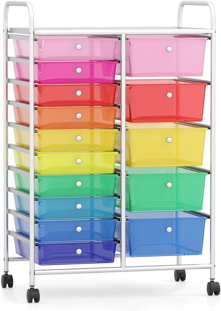 Carrello con cassetti impilabili 10/15, carrello da bagno con ruote universali bloccabili, carrello per cassetti per casa e ufficio, carrello portaoggetti su ruote (colorato, 15 cassetti)