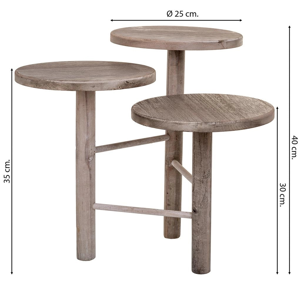 Supporto in legno per 3 vasi bianchi d25x40/35/30h