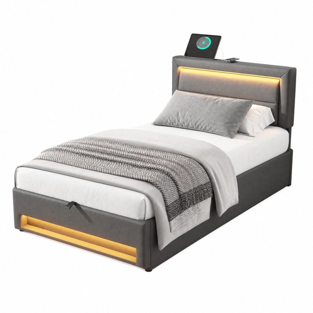 Letto imbottito con USB, LED e contenitore, 90 x 190 cm, grigio