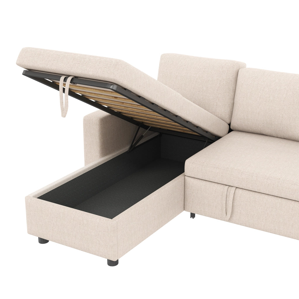 Divano letto angolare reversibile con contenitore, tasche laterali e 2 cuscini, in lino Beige