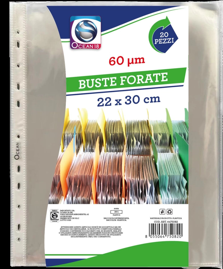 BUSTA FORATA 22X30 20 PZ TRASPARENTE IDEALE COME PORTA FOGLI E DOCUMENTI 60 MICRON