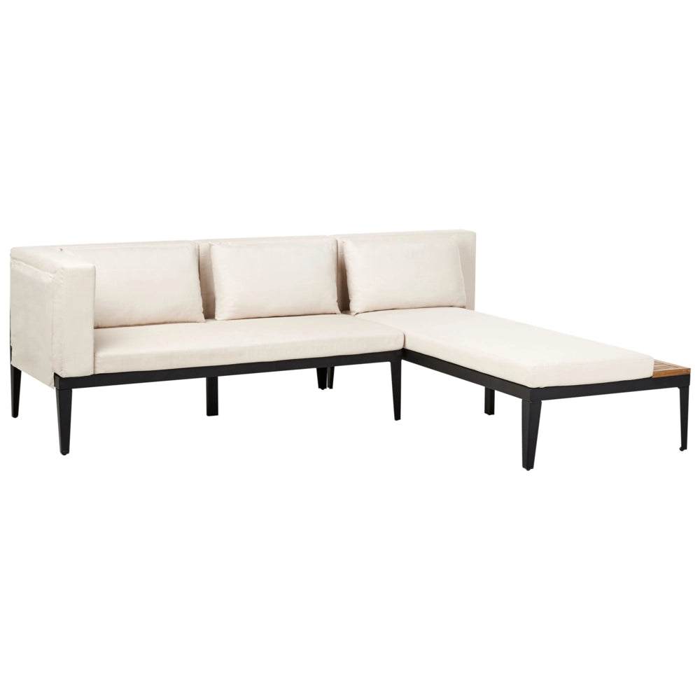 Set da giardino 3 posti in legno di acacia certificato con divano angolare tavolino e cuscini beige chiaro lato sinistro