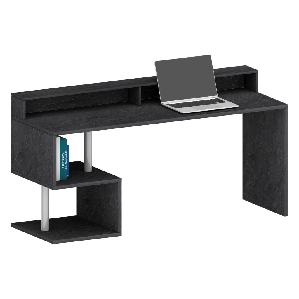 Scrivania Aurigo, Scrittoio lineare con ripiani portaoggetti, Scrivania ufficio multiuso con sopralzo, 180x92,5h60 cm, Ardesia