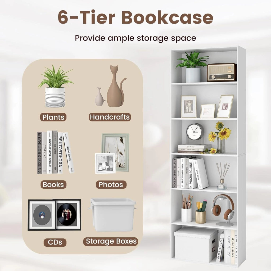 Libreria a 6 Livelli, Mobile Contenitore Aperto con 2 Kit Anti-Ribaltamento, Piedini Antiscivolo, Scaffale Moderno per Soggiorno, Camera da Letto e Ufficio, 660 x 23,5 x 178 cm (Bianco)