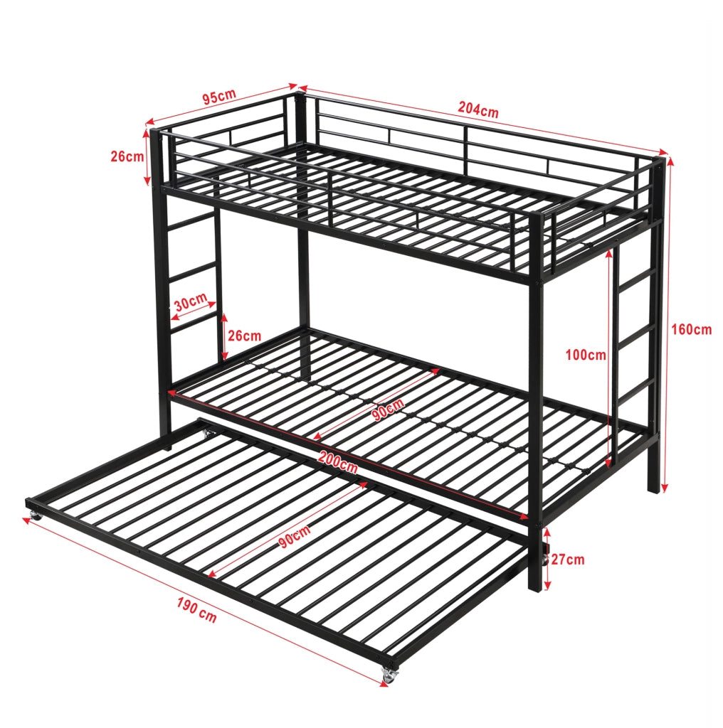 Letto a castello 90x200 cm con letto estraibile; struttura robusta; metallo; nero