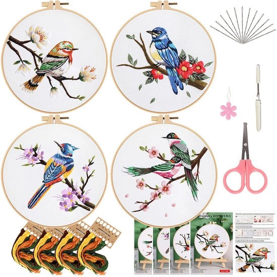 Set di Cucito per Adulti – Fiori & Uccelli – Kit di Inizio con Anello, Filo e Strumenti per Cucito a Mano