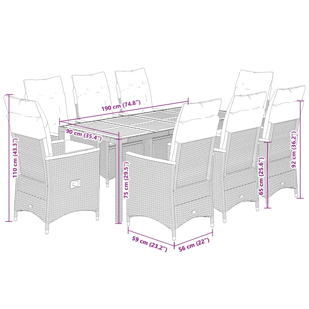 Set da Pranzo da Giardino 9 pz con Cuscini in Polyrattan Grigio