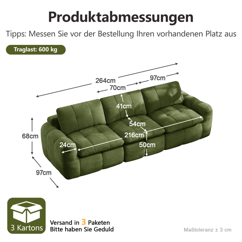 Divano modulare 3 posti - con seduta ergonomica e cuscini imbottiti - in chenille verde