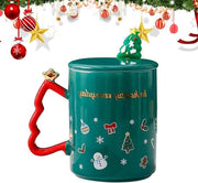 Tazza di caffè per Natale con coperchio - Tazza di caffè ceramica per Natale con cucchiaio - Tazza di caffè festiva per Natale - Tazze di caffè ceramica per Natale - Tazze di caffè per albero di Natale - Regali per bambini e amici (Verde)