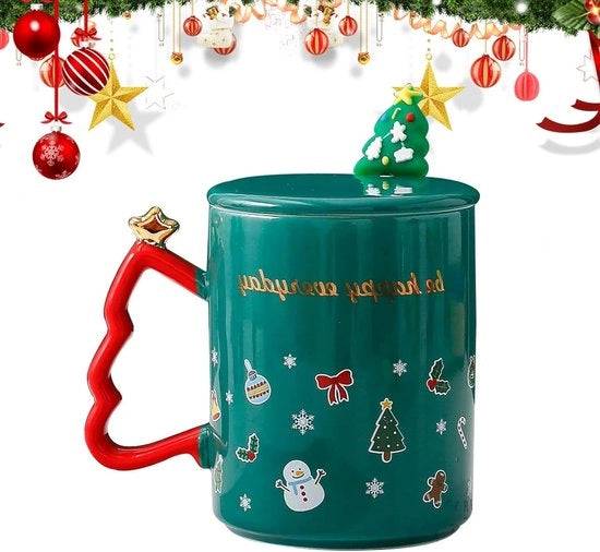 Tazza di caffè per Natale con coperchio - Tazza di caffè ceramica per Natale con cucchiaio - Tazza di caffè festiva per Natale - Tazze di caffè ceramica per Natale - Tazze di caffè per albero di Natale - Regali per bambini e amici (Verde)