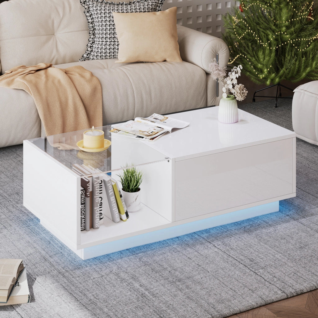 Tavolino basso sollevabile con LED, vano nascosto e ripiano aperto, per soggiorno, bianco, 100 × 50 × 33 cm