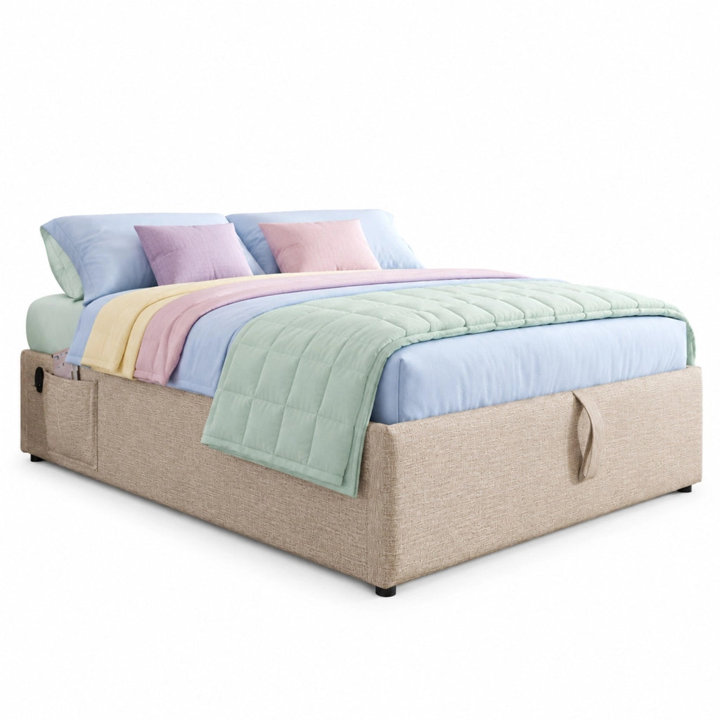 Letto contenitore 140×200 cm in lino naturale con USB/Type-C e rete a pannello