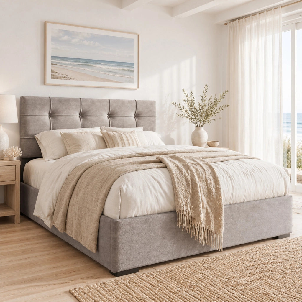 Letto imbottito singolo 90x200 cm con testiera regolabile; contenitore; velluto grigio chiaro
