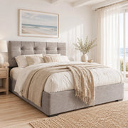 Letto imbottito singolo 90x200 cm con testiera regolabile; contenitore; velluto grigio chiaro