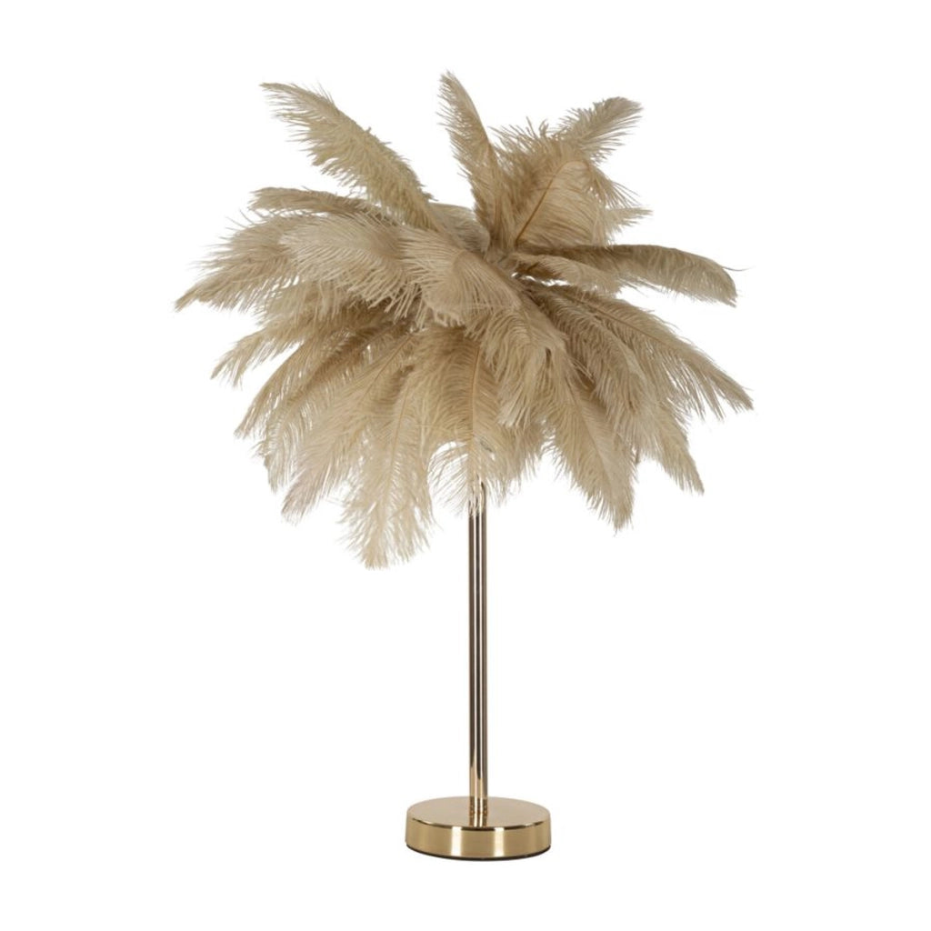 Lampada da tavolo Palm cammello in metallo dorato con piume di struzzo