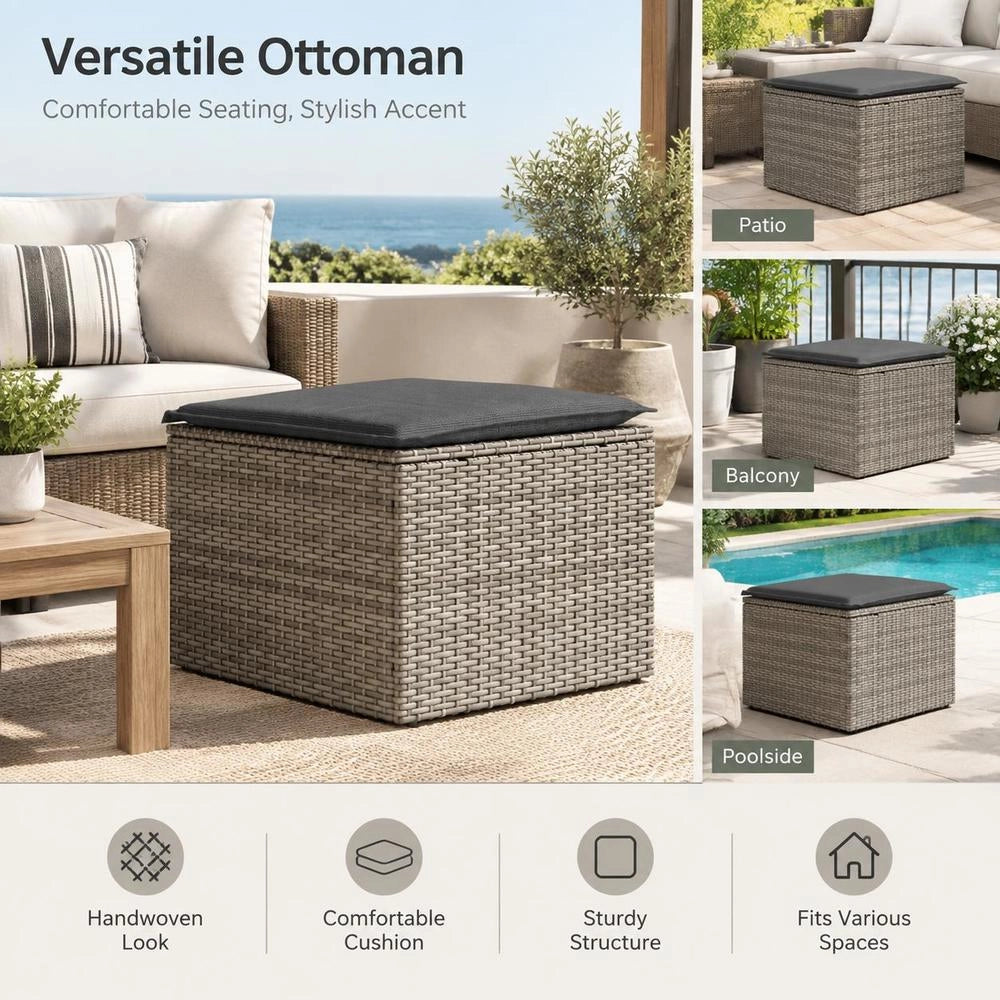 Garden Stool With Cushion, Grey, 55x55x37 Cm, Poly Rattan
