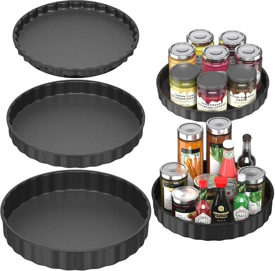 Organizzatore per Cucina e Frigorifero - 3 Pezzi (26cm, 24cm, 22cm) - Tavola Girevole per Cucina e Frigorifero - Conservatore e Supporto per Spezie - Nero
