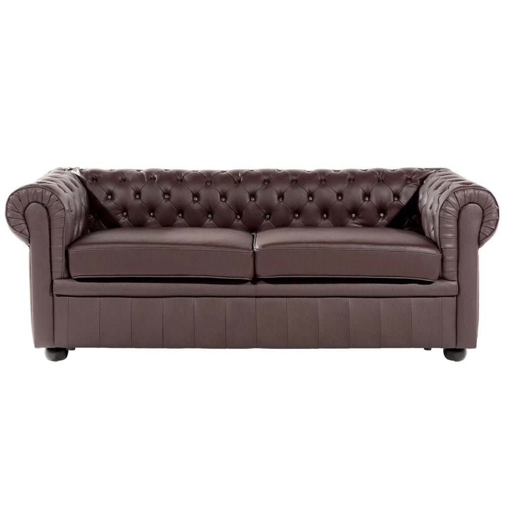 Set soggiorno Chesterfield Rivestimento in pelle marrone Gambe in legno scuro Divano a 3 posti + poltrona contemporanea