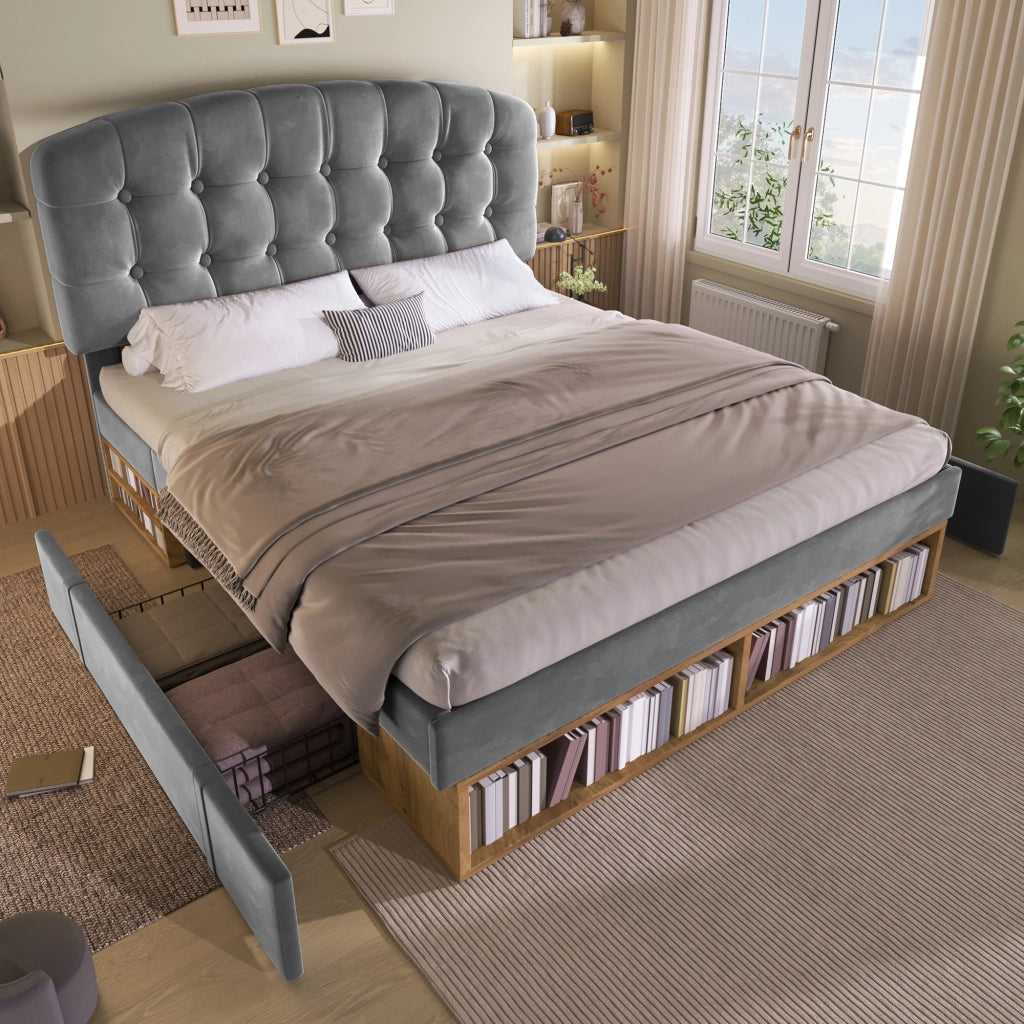 Letto con Cassetti 140 x 190 cm; Letto Matrimoniale - Testiera Regolabile e Mensole - Grigio