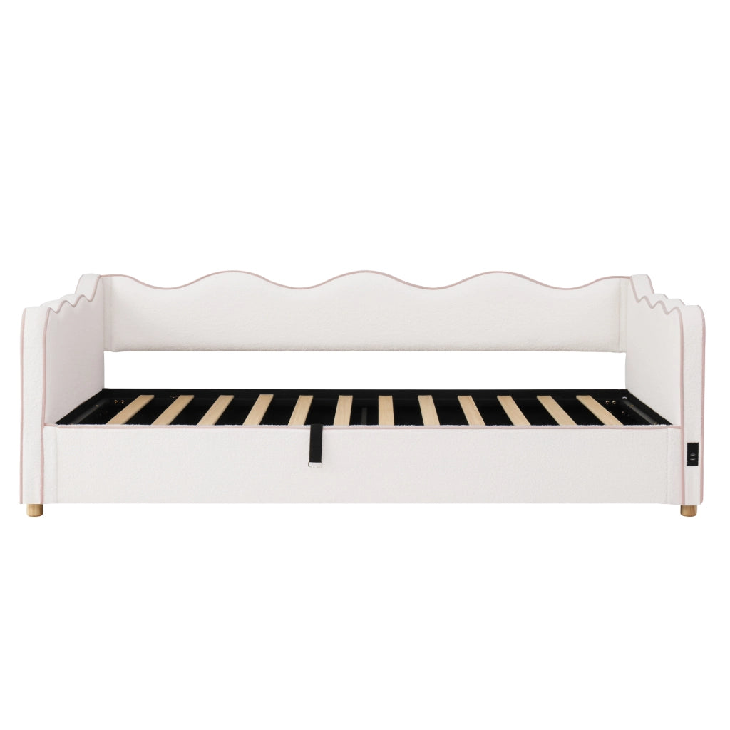 Letto imbottito 90x200 cm con contenitore idraulico, bouclé beige, con presa USB e Tipo-C