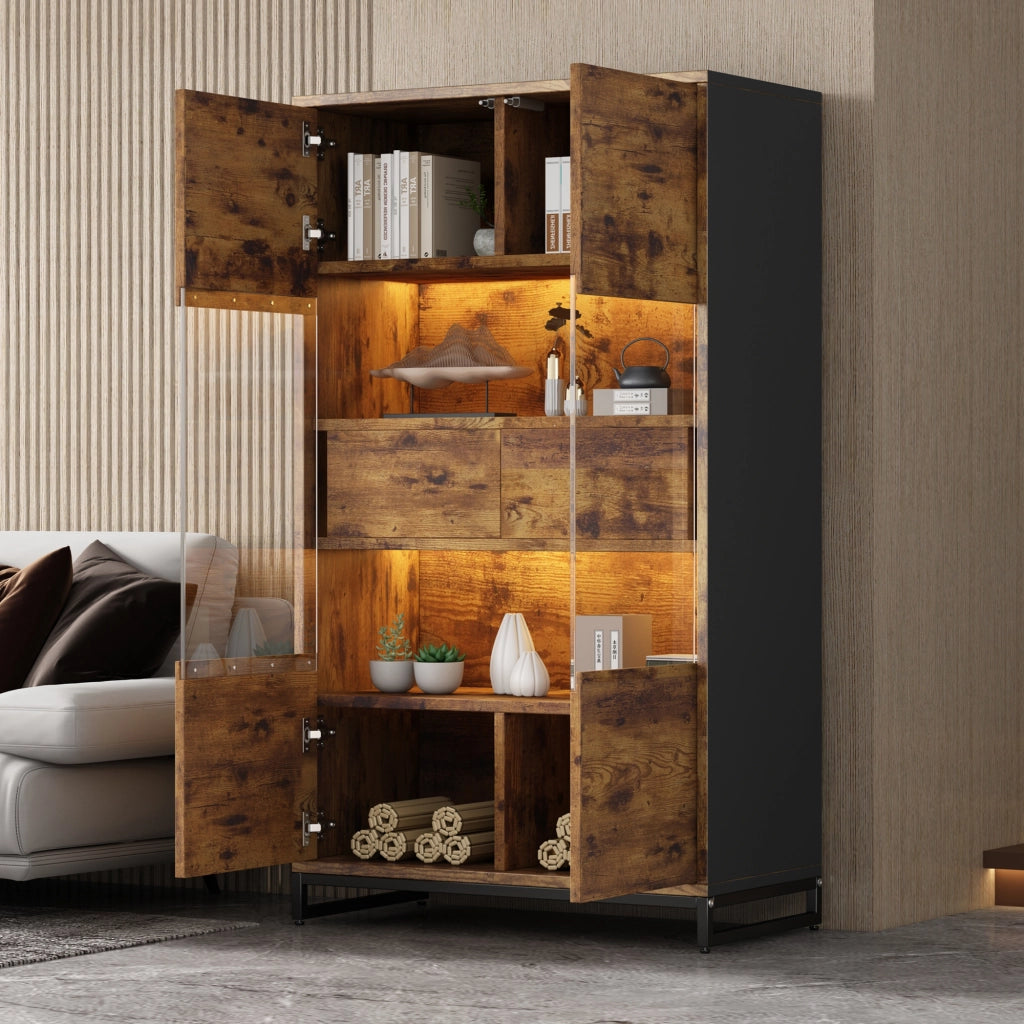 OKWISH Vetrina con 2 Ante, 2 Cassetti, 6 Scomparti e LED, per Soggiorno o Studio, in MDF, 80 x 40 x 138 cm