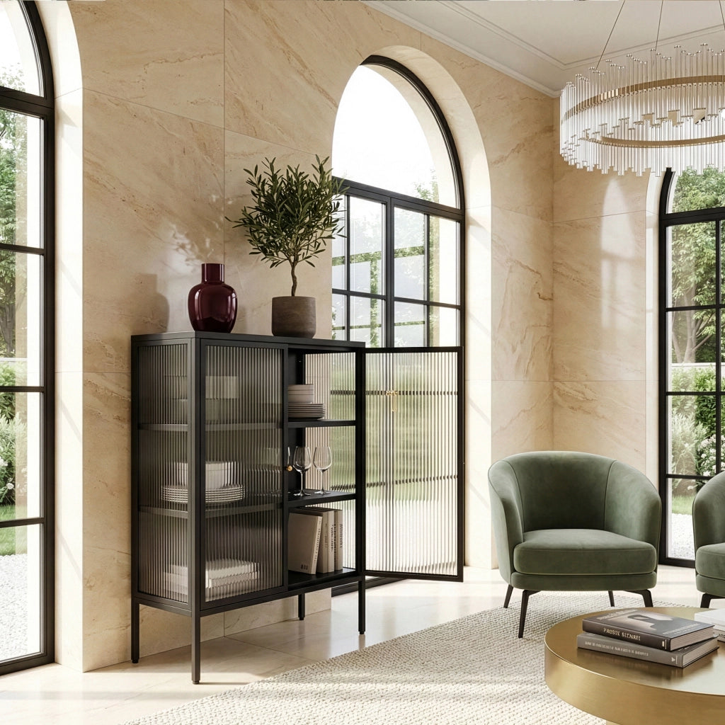 Credenza Vinterhavn in Acciaio Nero con 2 Ante in Vetro Scanalato 100x80x30 cm [en.casa]