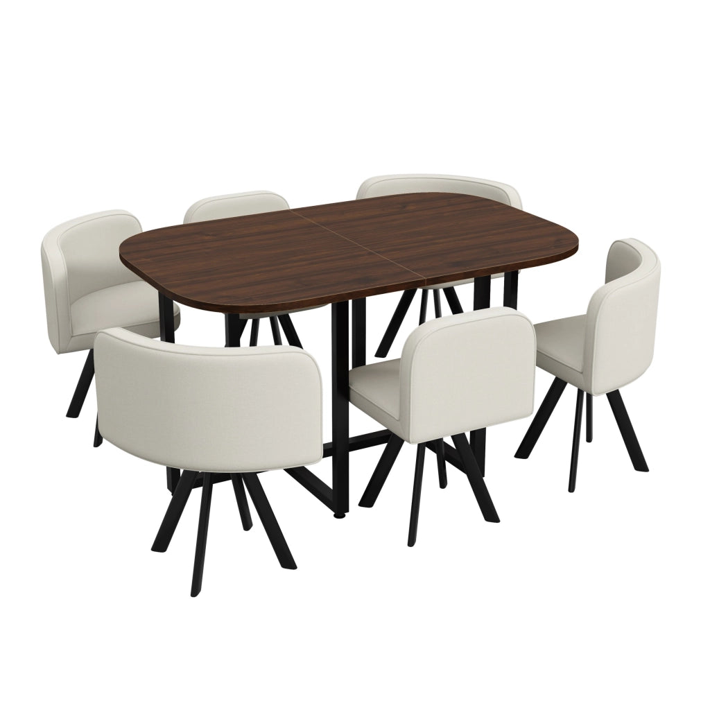 Set da pranzo con finitura effetto legno, composto da 6 sedie in tessuto di lino e un tavolo da pranzo (140 x 90 cm), beige e noce