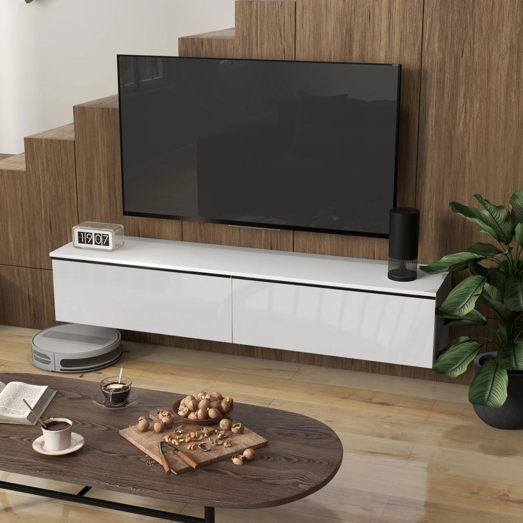 Mobile Sospeso con Armadietti con Ante a Ribalta 160x35x30 cm in Legno Bianco Lucido