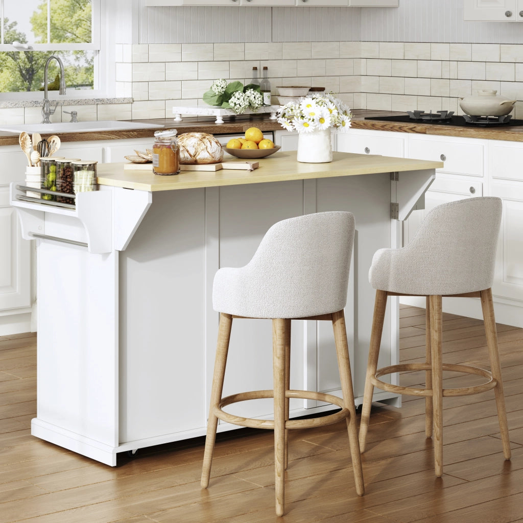 Isola da cucina con piano ribaltabile, carrello cucina in MDF, 2 cassetti grandi, ruote frenanti, 121x49(69)x89 cm