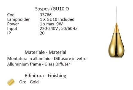 SOSPESI-GU10 O Sospensione vetro 1 luce color oro attacco GU10 diam.10cm senza base h.23cm