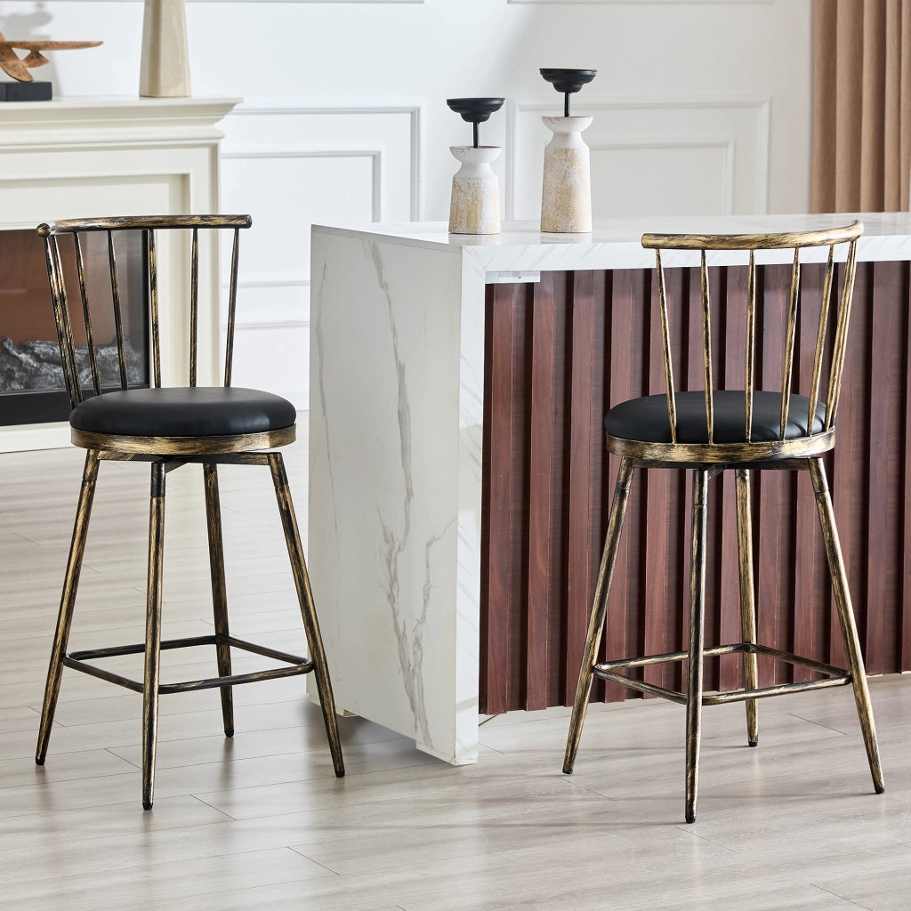 Sgabello da bar imbottito con schienale Windsor e poggiapiedi in metallo e similpelle nero marrone 73 × 45,5 × 45 cm