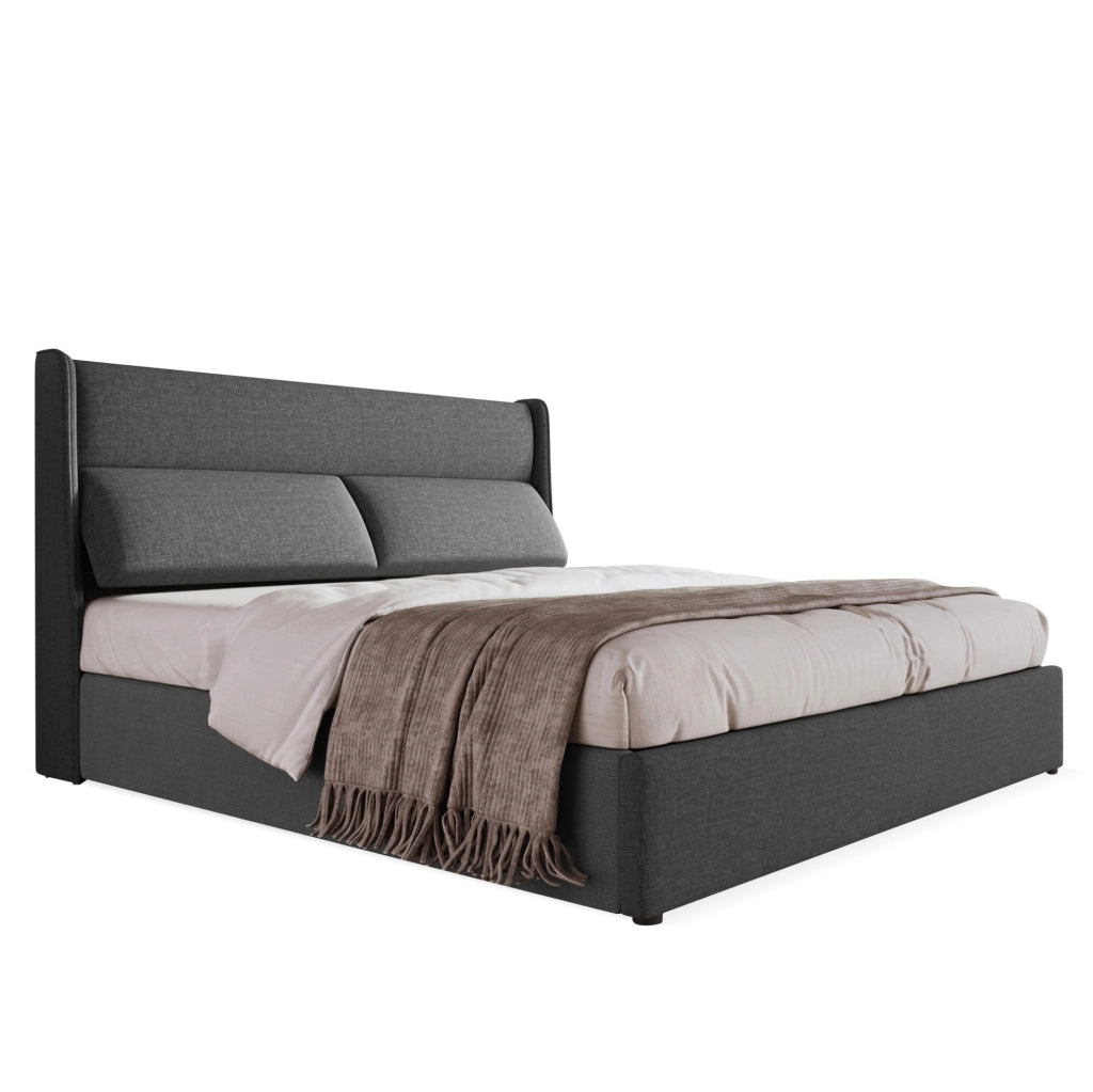Letto matrimoniale imbottito 140x200 cm con testiera regolabile; contenitore idraulico; lino grigio