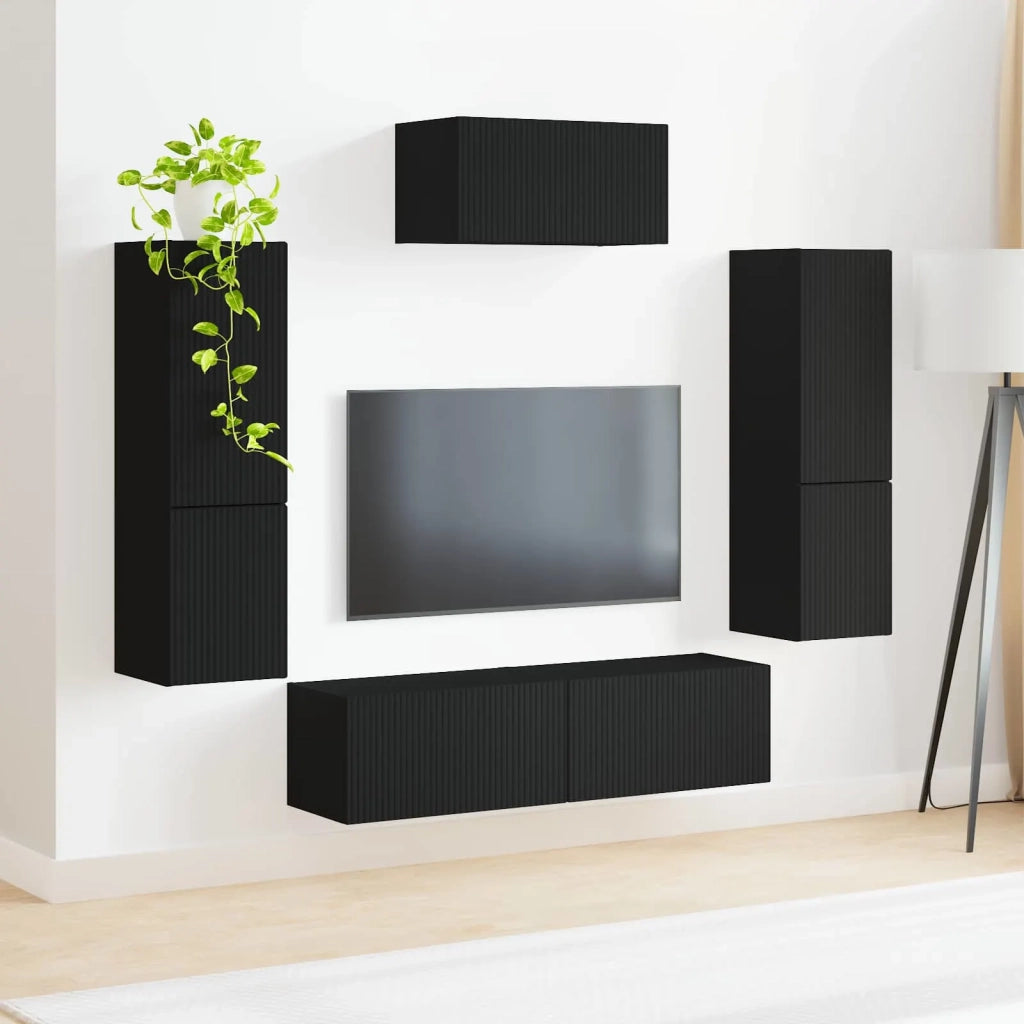 Set mobile TV Montaggio a parete 4 pcs Nero Legno multistrato