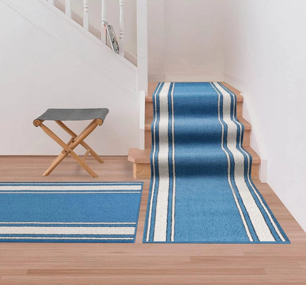 Tappeto Scala Passatoia Ingresso Corsia Scale Antiscivolo Stile Classico Blu 67x260 cm