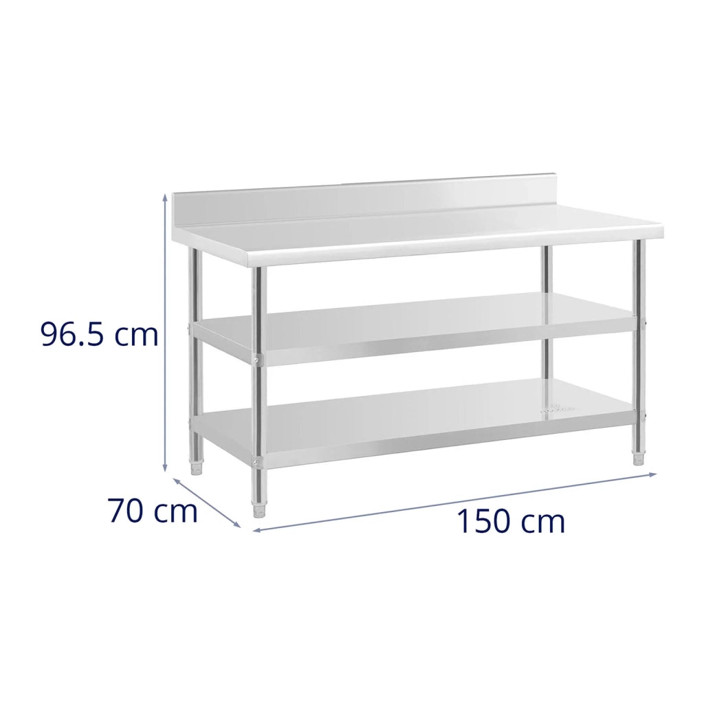 Tavolo da lavoro in acciaio inox con alzatina - 150 x 70 x 16,5 cm - 226 kg - 2 ripiani 14_0007319