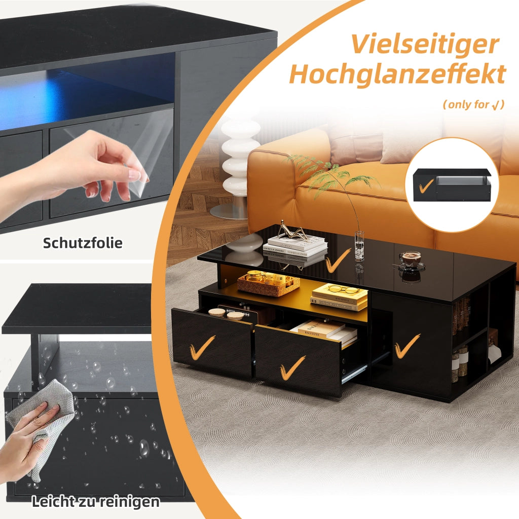Tavolino da caffè rettangolare con 2 cassetti, LED, 3 livelli e vano laterale per soggiorno, nero, 100 × 50 × 35 cm