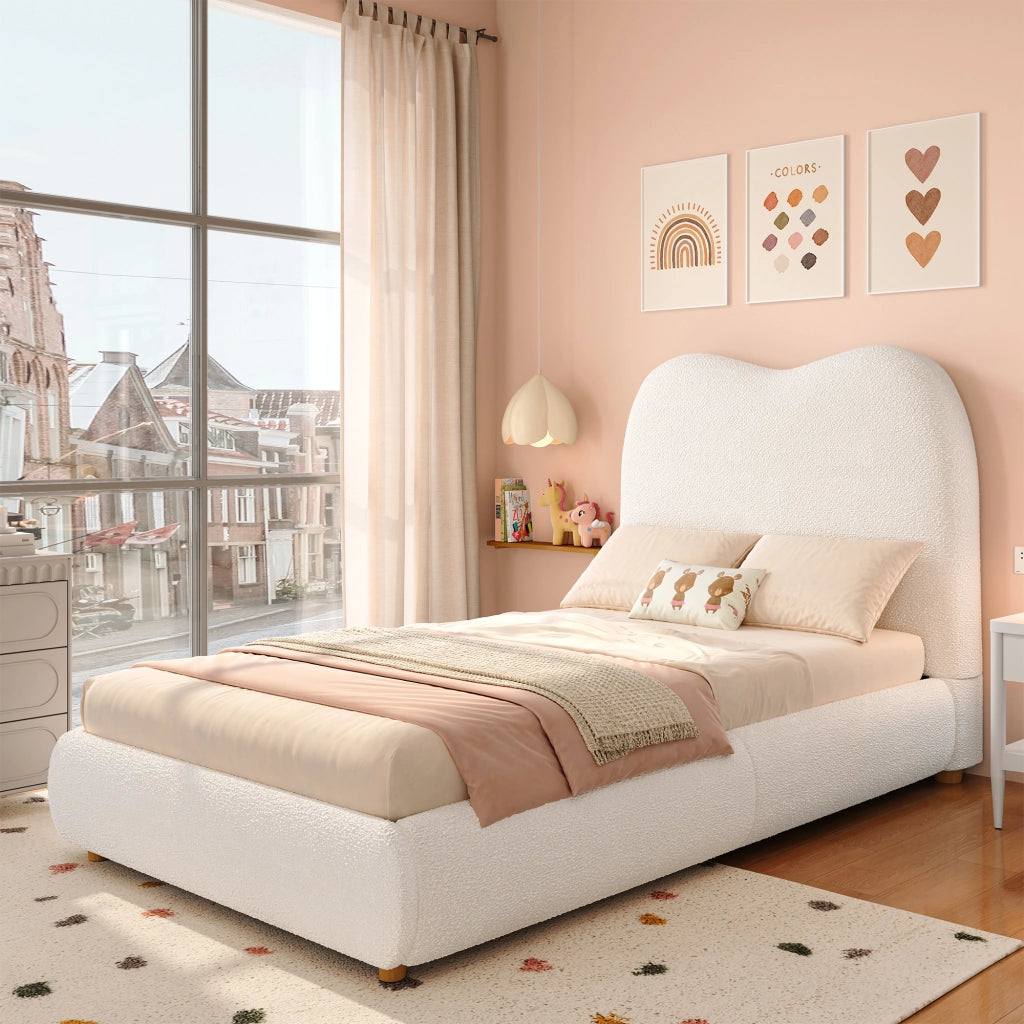 OKWISH Letto Contenitore 90×200 cm, Letto Singolo con Contenitore, Testiera Imbottita e Rete Inclusa, senza Materasso, Bouclé Beige