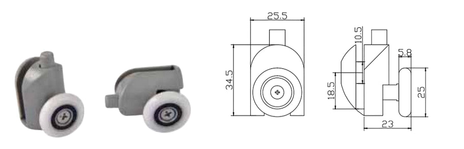 Coppia Cuscinetti Singola Ruota Attacco Superiore Box Doccia – Nylon Grigio Ø25 mm – Foro Vetro 12 mm