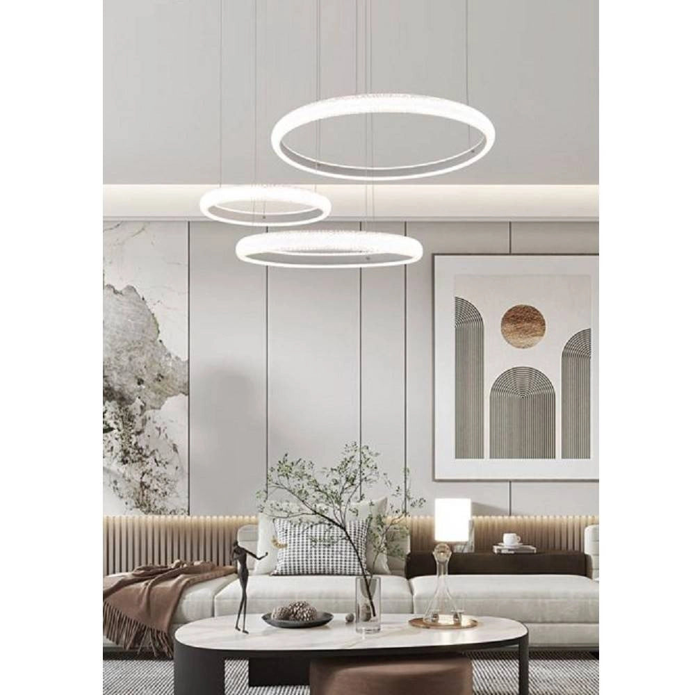 Trade Shop - Lampadario Led 60w A Sospensione 3 Anelli Cristalli Luce 3000k 6500k 4000k Lp-39b -