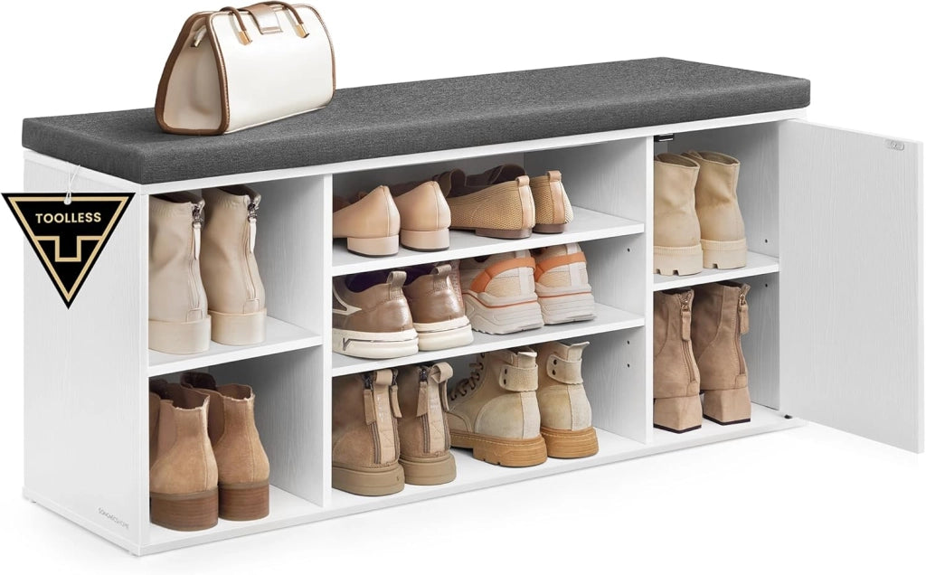 SONGMICS HOME Panca Scarpiera, Montaggio Rapido Senza Attrezzi Toolless, Panchina con Scomparti Aperti, Ripiani Regolabili, Portascarpe, Bianco Neve e Grigio Ardesia LHS391WE01