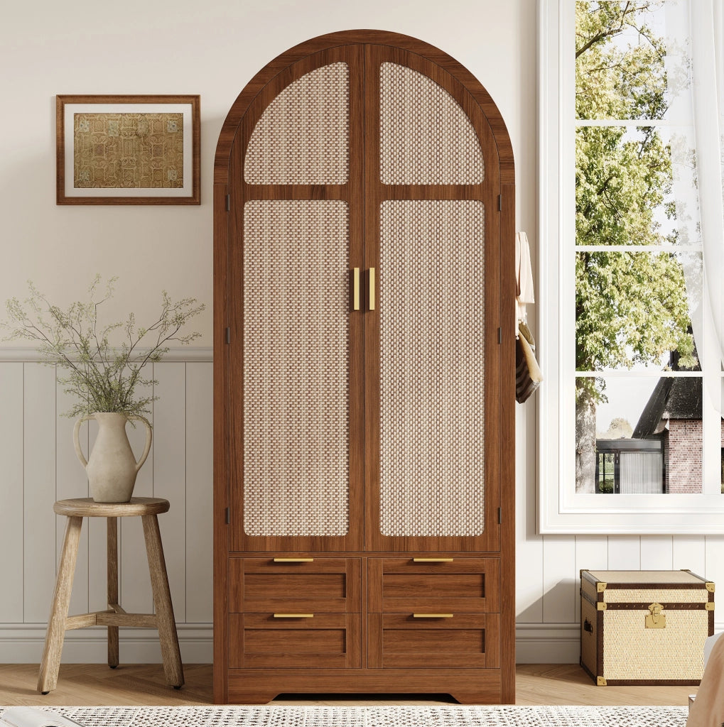 Armadio 80x50x179 cm con ante curve e pannelli in rattan; in MDF noce