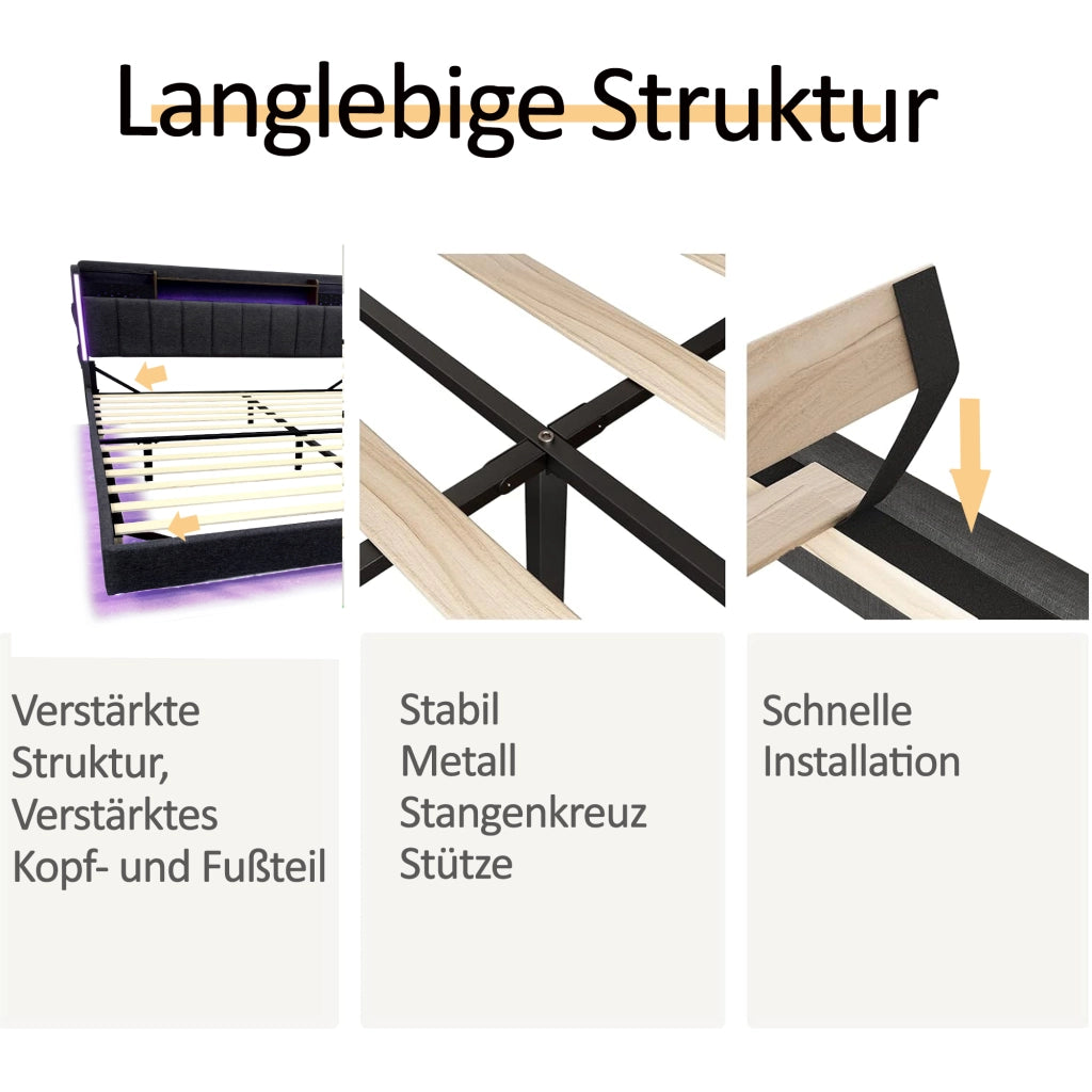 LETTO imbottito 140x200 cm Grigio con USB, LED e testiera con ripiani