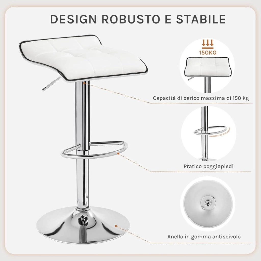 Sgabello da Cucina/Bar, Sedia da Bancone con Poggiapiedi, Altezza Regolabile, Girevole a 360°, Rivestimento in PU, Struttura in Metallo, per Cucina, Soggiorno, Bar, Caffè, Bianco