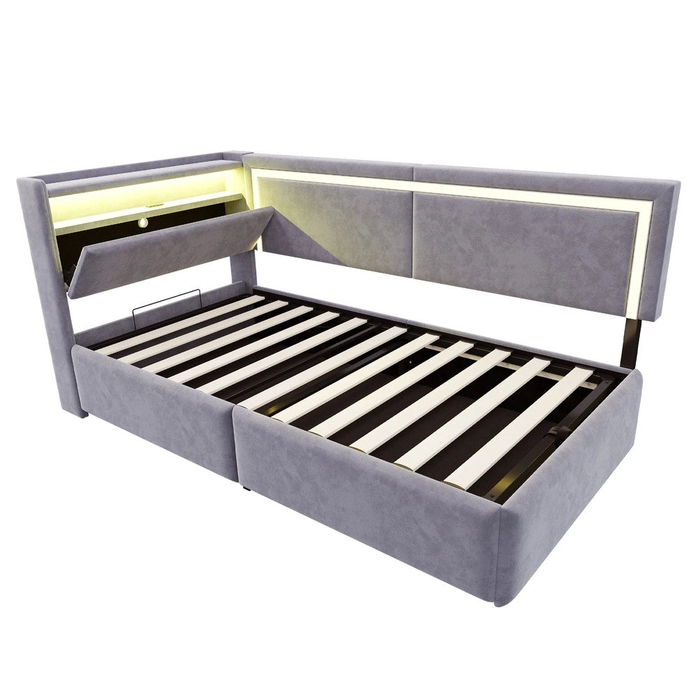 Letto Imbottito Contenitore con LED ¨C Xylo ¨C Velluto Grigio Chiaro 90x200