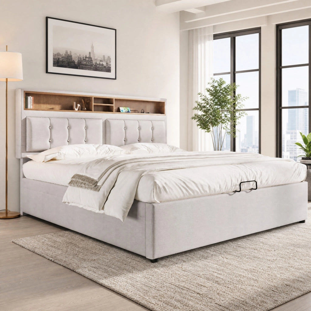 DESMIU Letto contenitore Letto matrimoniale 140 × 200 cm con USB, Type-C, prese e vano, senza materasso, lino beige