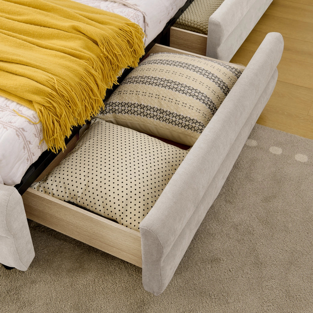 Letto Singolo 90x200 cm; 1 Posto - 2 Cassetti; USB e Type-C - Chenille - Beige