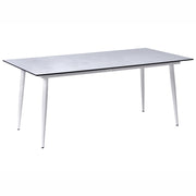 Tavolo da riunione con piano in HPL e struttura in alluminio resistente ai raggi UV, all'acqua e alla ruggine bianco con effetto travertino
