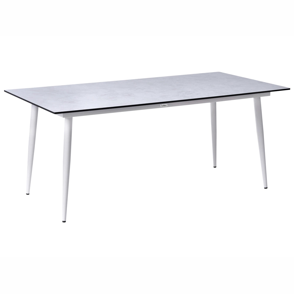 Tavolo da riunione con piano in HPL e struttura in alluminio resistente ai raggi UV, all'acqua e alla ruggine bianco con effetto travertino