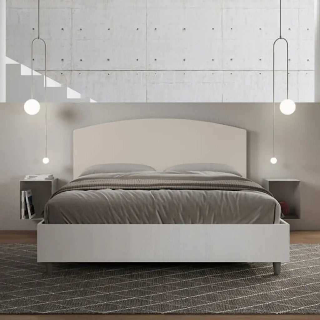 Letto matrimoniale contenitore 160x200 bianco frassino testata similpelle tortora Antilia